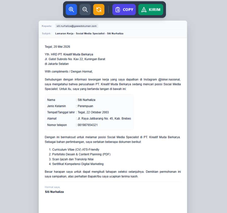 Teks Body Email Lamaran