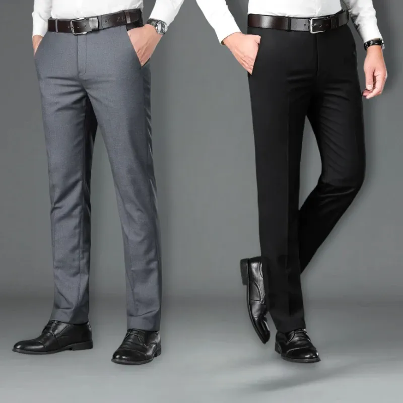 Celana Kantor Formal Pria Slim Fit Bahan Wool Premium Hitam Abu Panjang Size 27-38