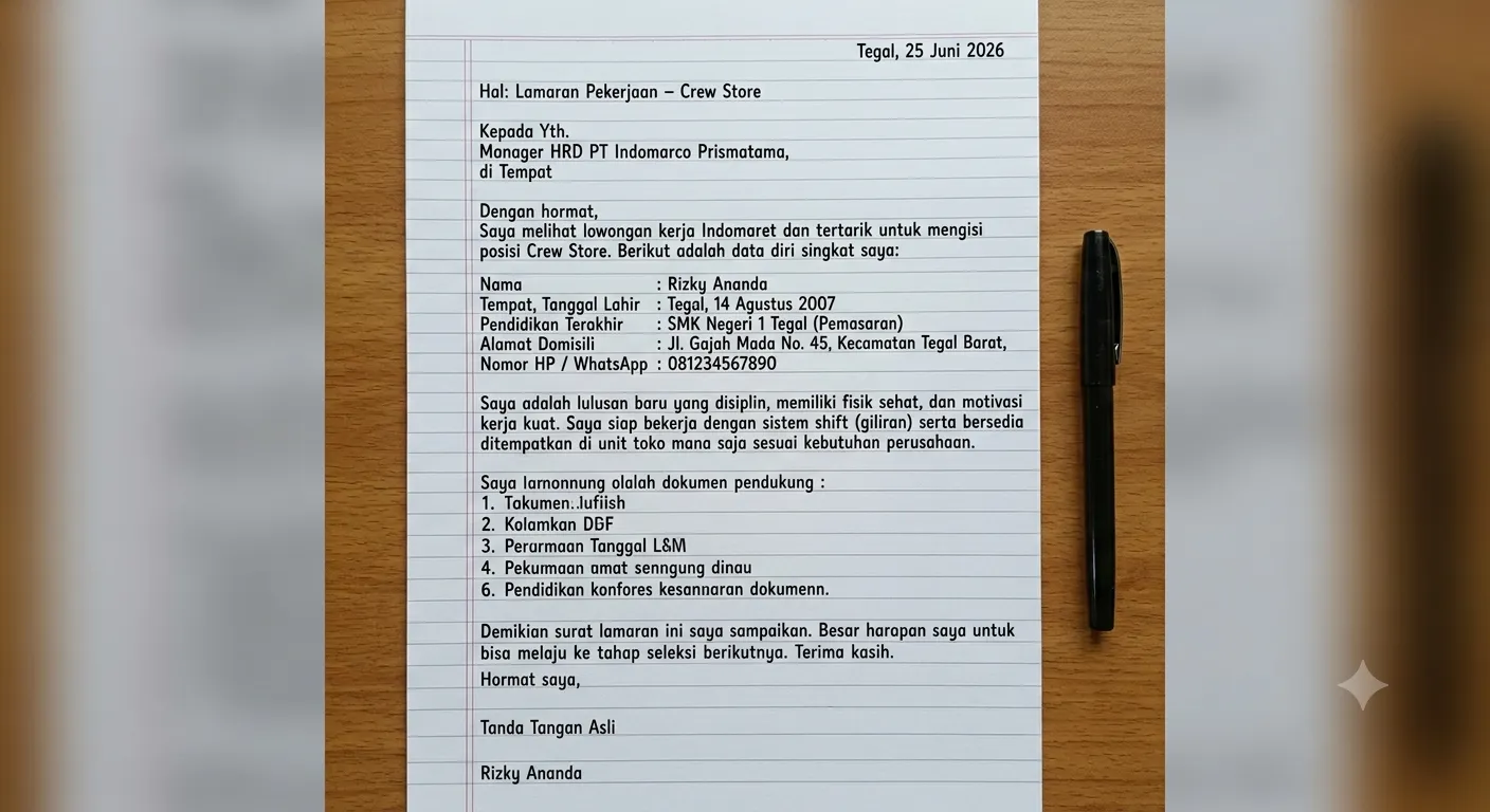 Contoh Surat lamaran Kerja Indomaret sebagai Crew Store (Tulis tangan)