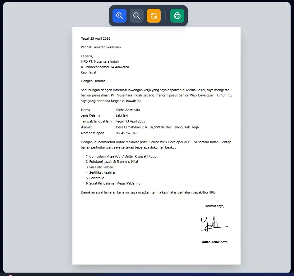 Preview dokumen lamaran kerja di gawedokumen