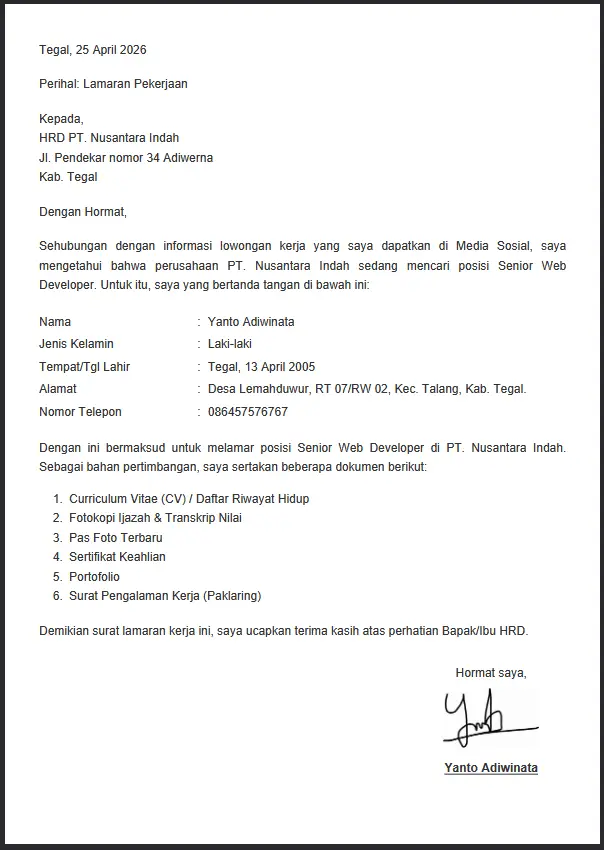 Contoh Hasil Generator Surat Lamaran Keja - GaweDokumen