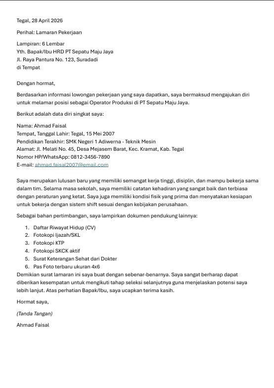 Contoh Surat Lamaran Kerja Lulusan SMK Teknik (Fokus pada Skill & Disiplin)