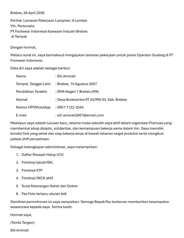 Contoh Surat Lamaran Kerja Lulusan SMA (Fokus pada Keaktifan Organisasi & Kerja Tim)