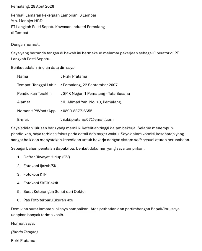 Contoh Surat Lamaran Kerja Lulusan SMK Tata Busana/Lainnya (Fokus pada Ketelitian)