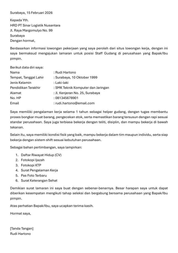 Contoh Surat Lamaran Kerja Staff Gudang (Profesional & Siap Pakai)