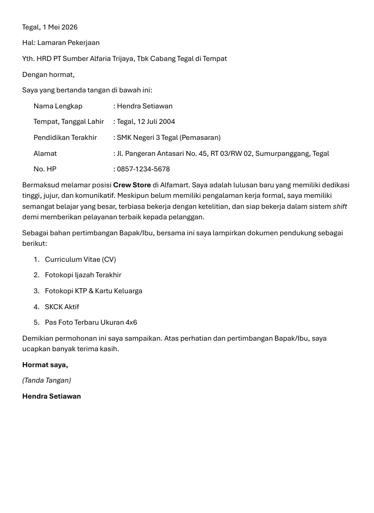 Contoh Surat Lamaran Kerja Crew Store Alfamart