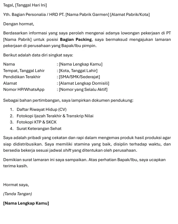 Contoh Surat Lamaran Kerja Pabrik Garmen