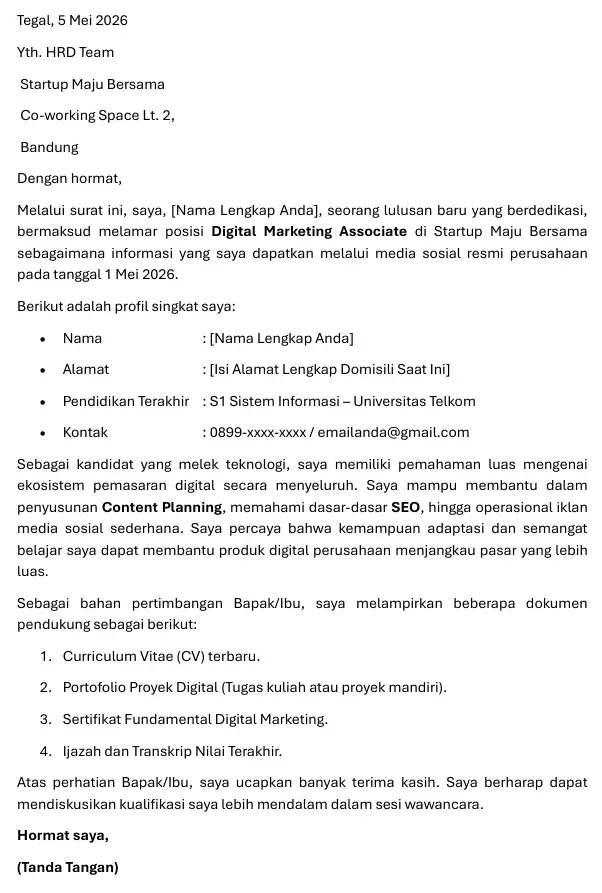 Contoh Surat Lamaran Kerja Digital Marketing