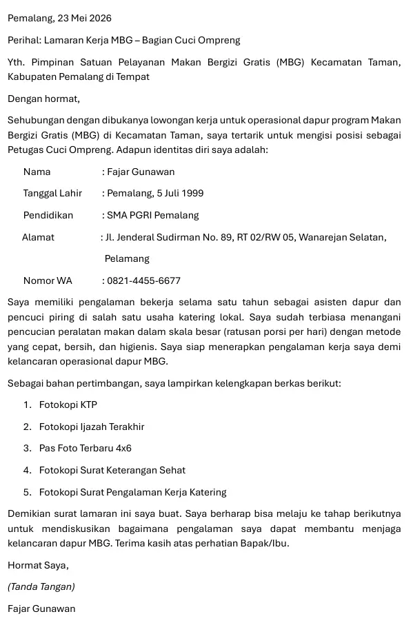 Surat Lamaran Kerja MBG bagian Cuci Ompreng