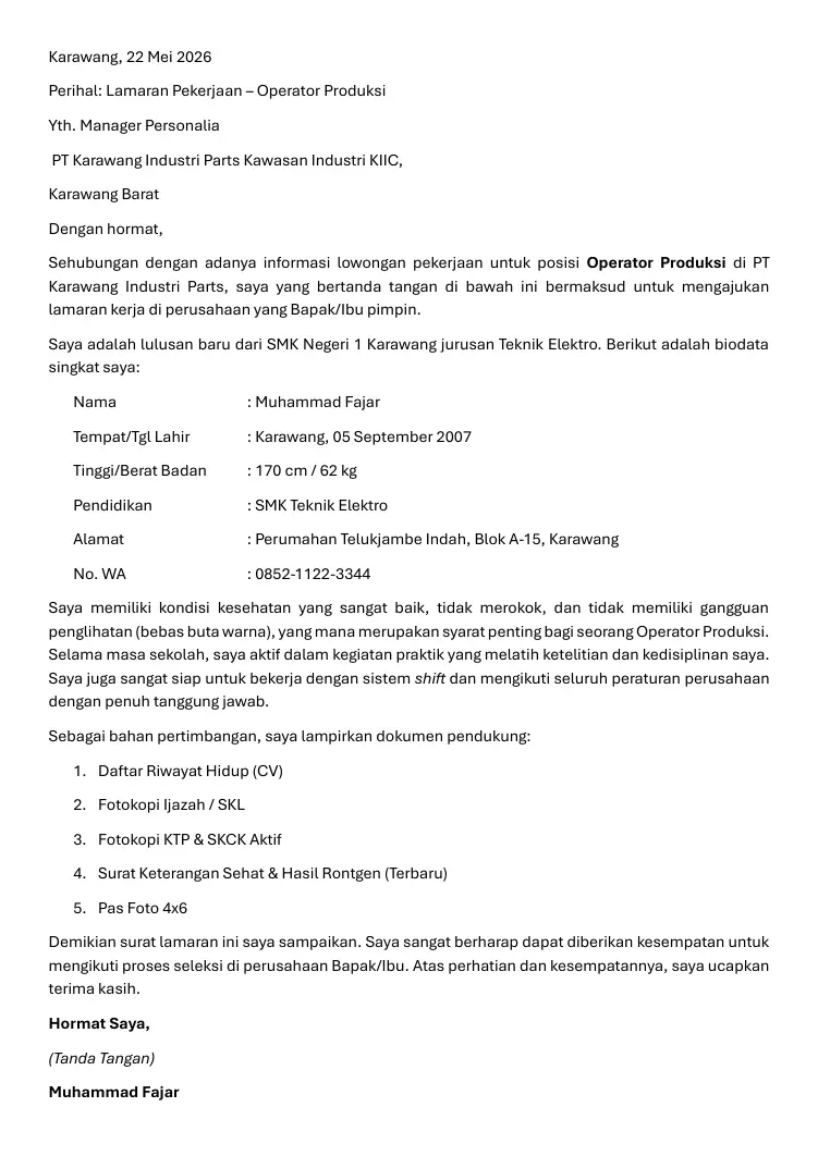 Contoh Surat Lamaran Kerja Operator Produksi