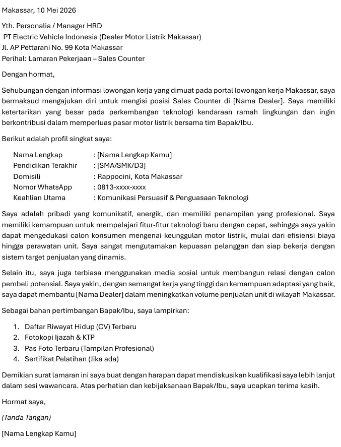 Surat Lamaran Sales Counter Dealer Motor
