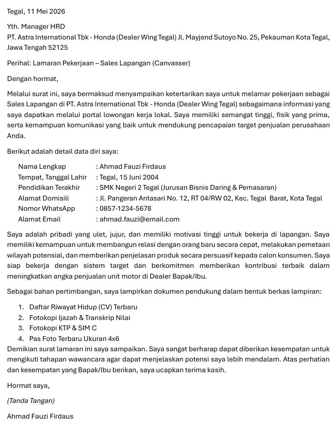 Surat Lamaran Sales Lapangan