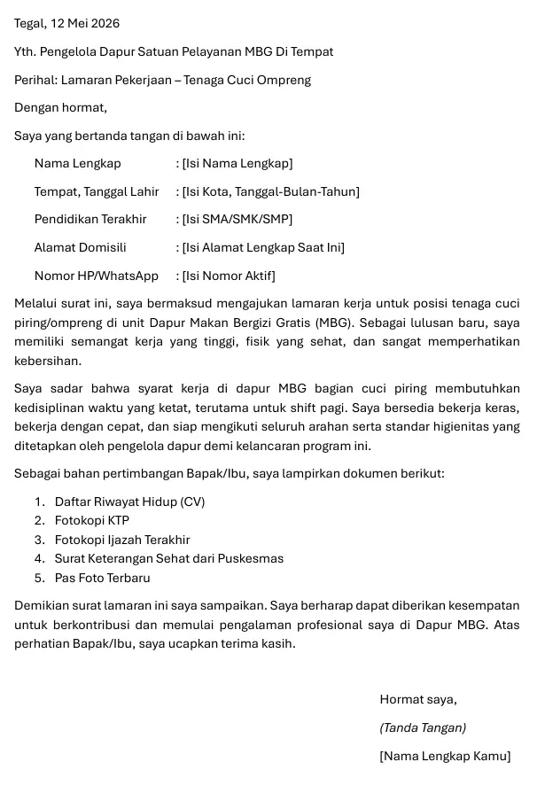 Surat Lamaran Kerja Cuci Ompreng MBG (Versi Lulusan Baru / Fresh Graduate)