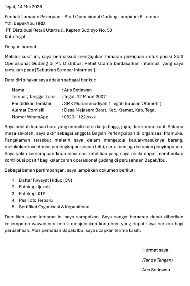 Surat Lamaran Kerja Gudang