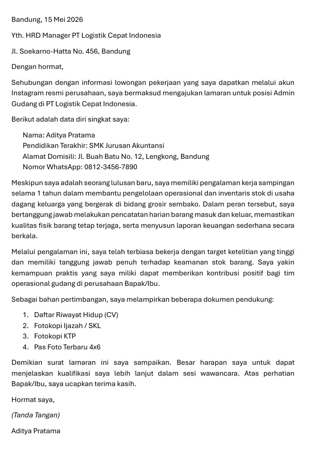 Contoh Surat Lamaran Kerja Admin Gudang