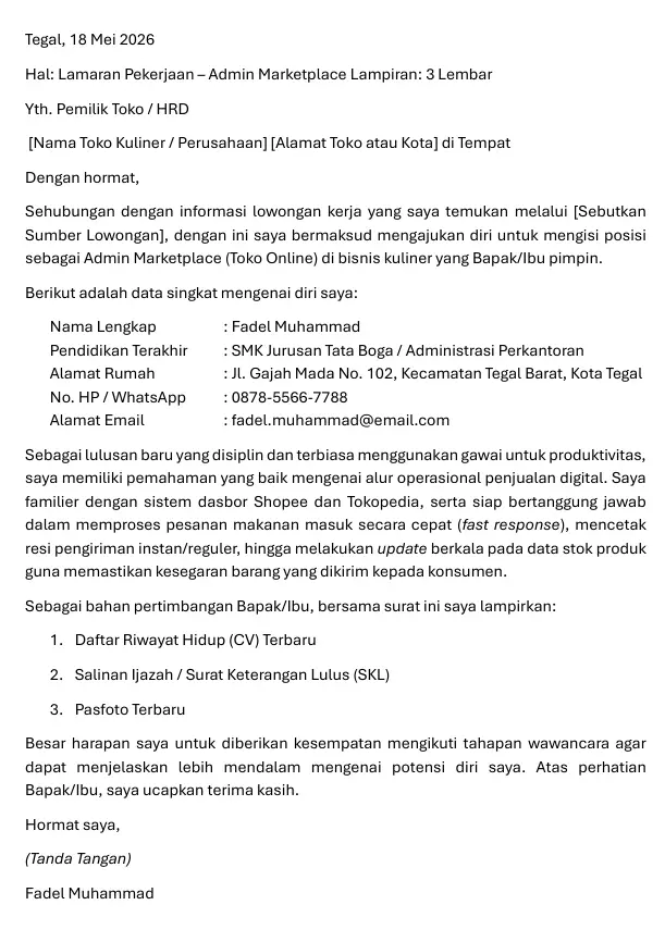 Surat Lamaran Kerja Admin Marketplace