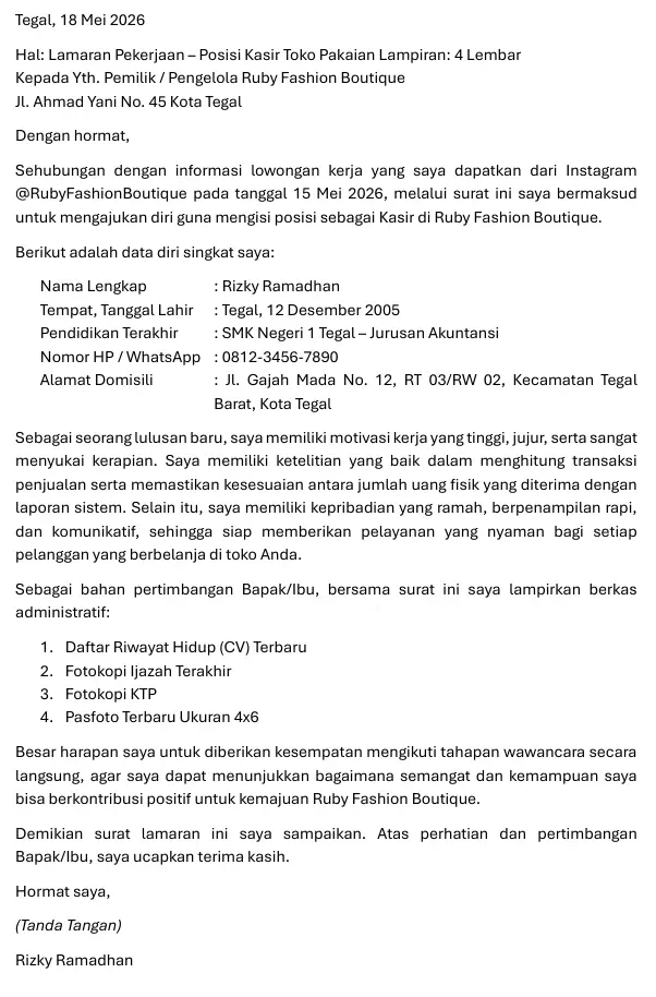 Surat Lamaran Kasir