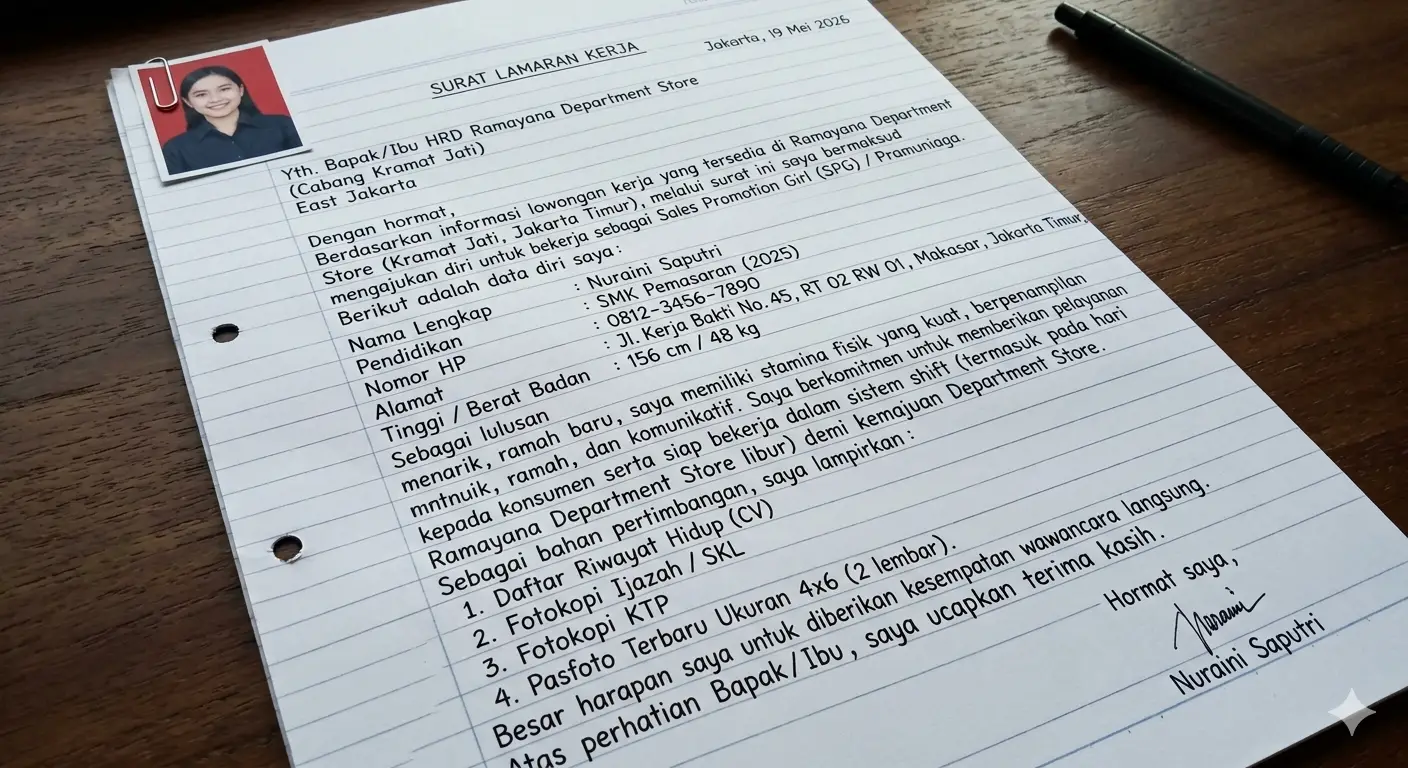 Contoh Surat Lamaran SPG Ramayana Tulis Tangan