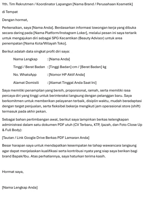 Contoh 4: Format Digital Surat Lamaran SPG Kecantikan (WhatsApp / Email)