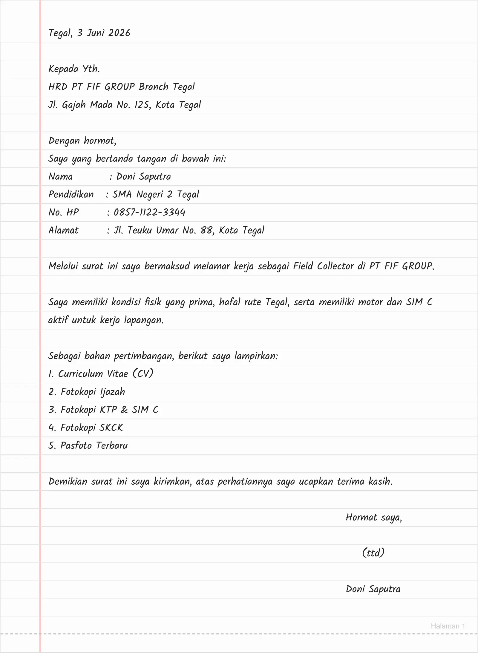 Contoh Surat Lamaran Kerja Field Collector FIF GROUP (Tulis Tangan)