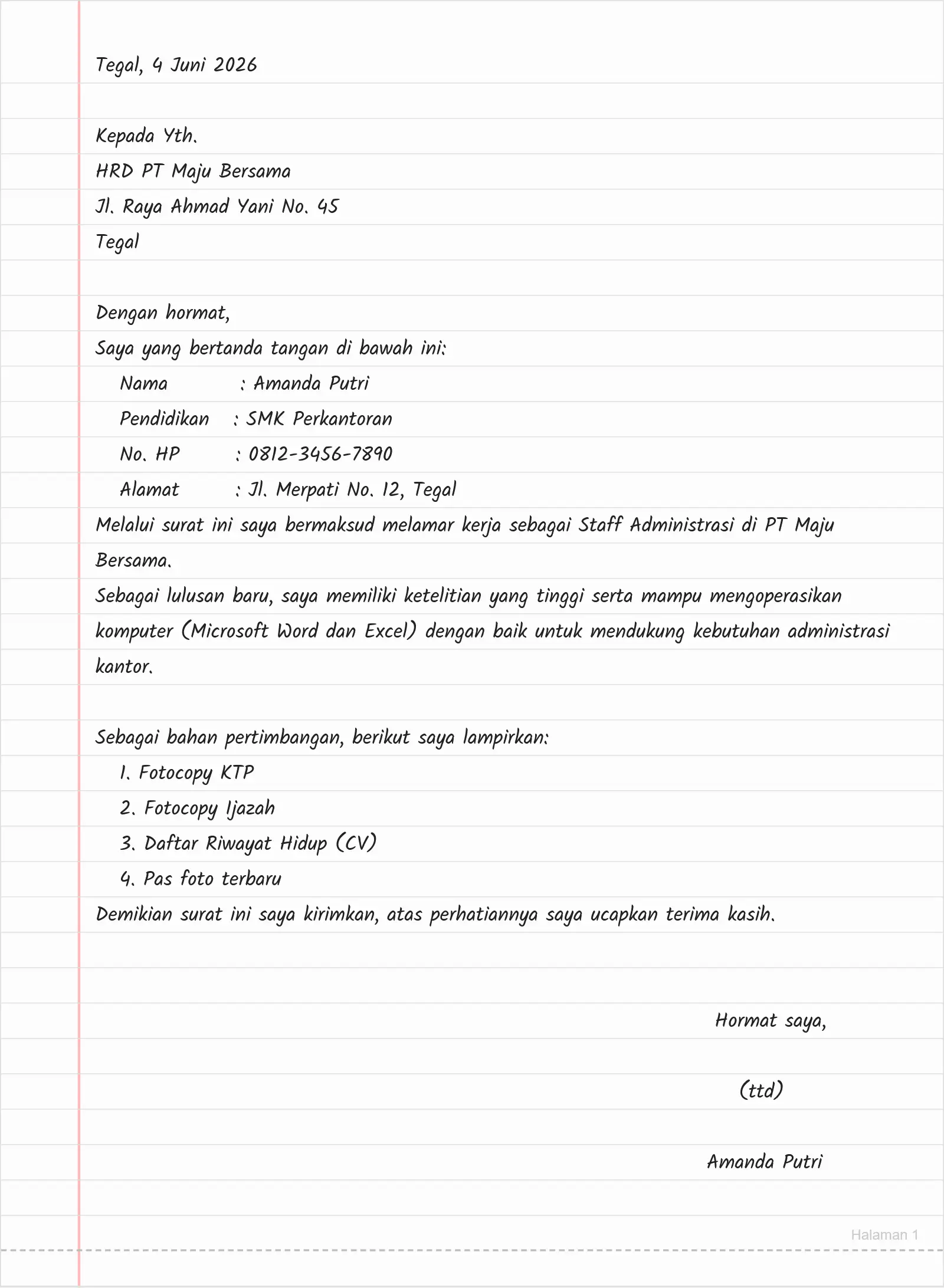 Contoh Surat Lamaran Kerja Staff Admin Tulis Tangan