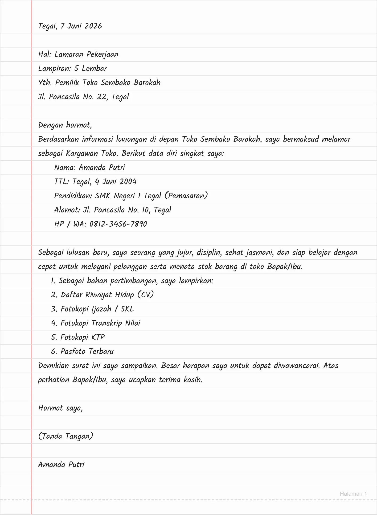 Contoh 1: Surat Lamaran Kerja Toko Minimarket / Kelontong (Format Tulis Tangan)