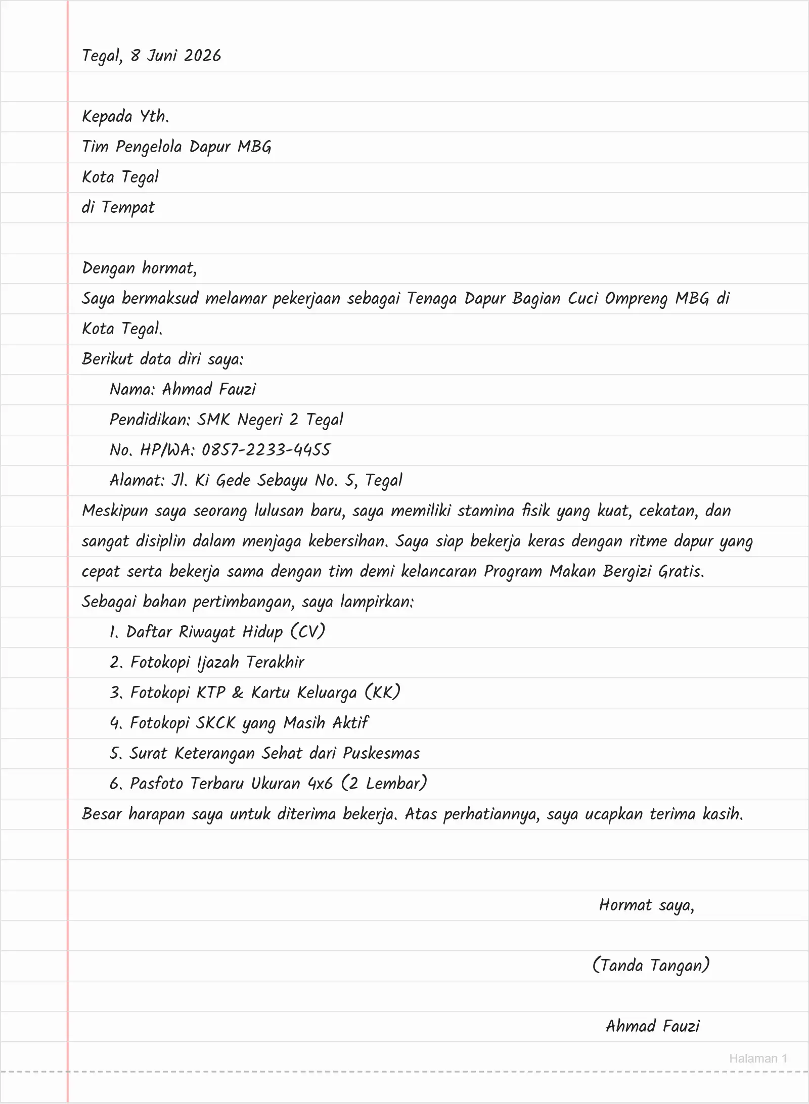 Contoh Surat Lamaran Cuci Ompreng Tulis Tangan – Fresh Graduate (Lulusan Baru)