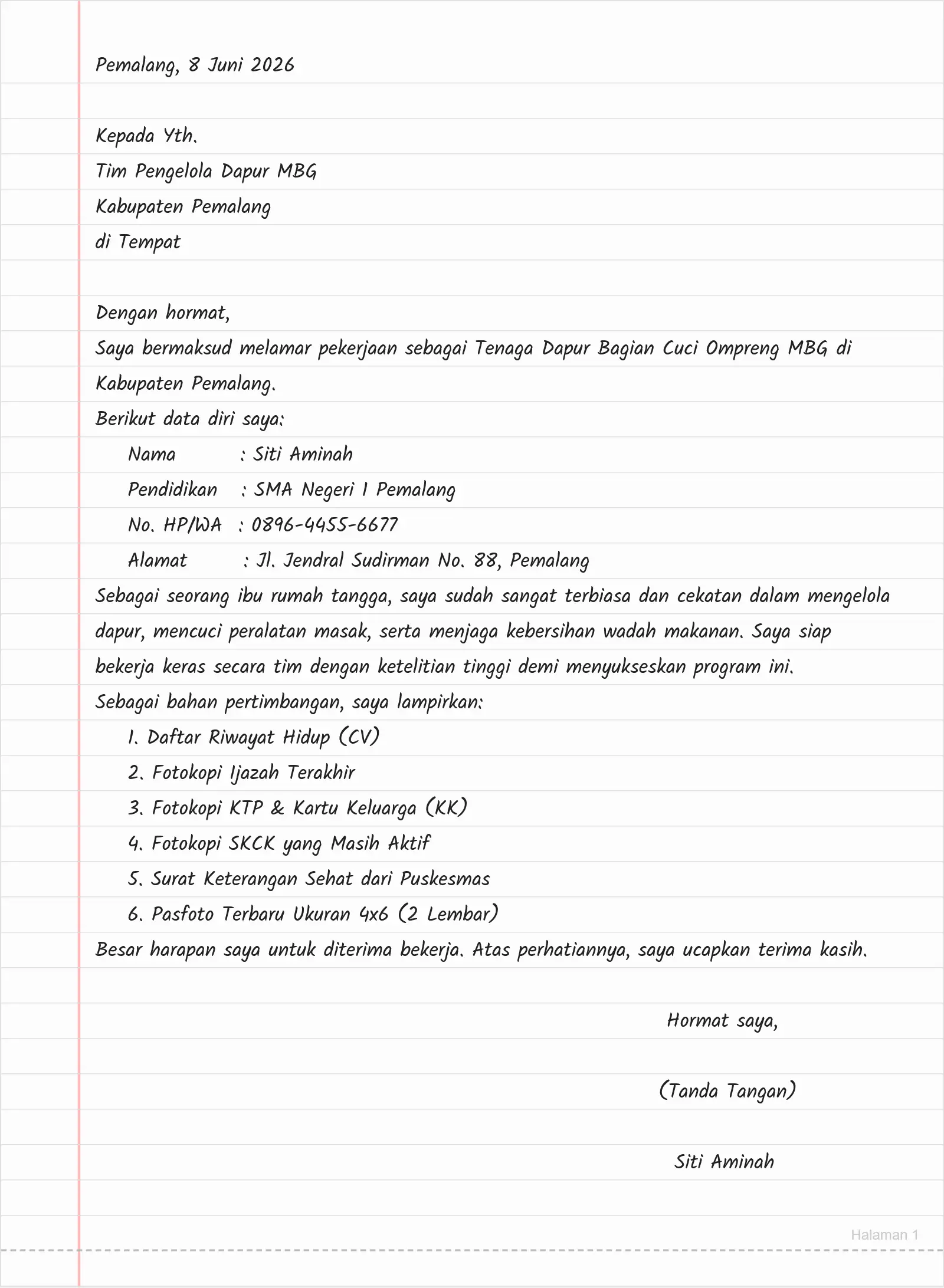 Contoh Surat Lamaran Cuci Ompreng Tulis Tangan – Fokus Ibu Rumah Tangga (IRT)
