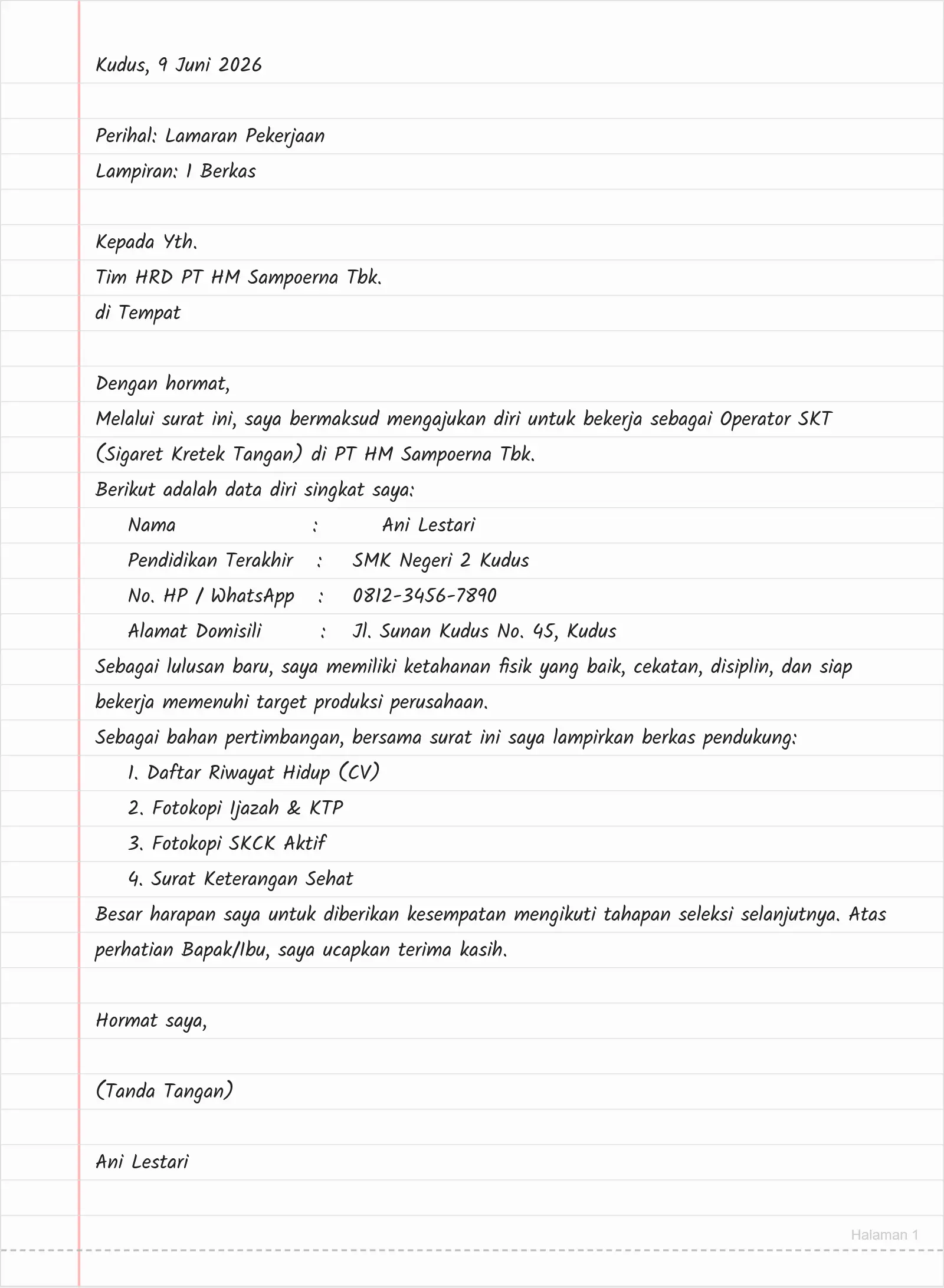 Contoh Surat Lamaran Pabrik Sampoerna Bagian Operator SKT Tulis Tangan
