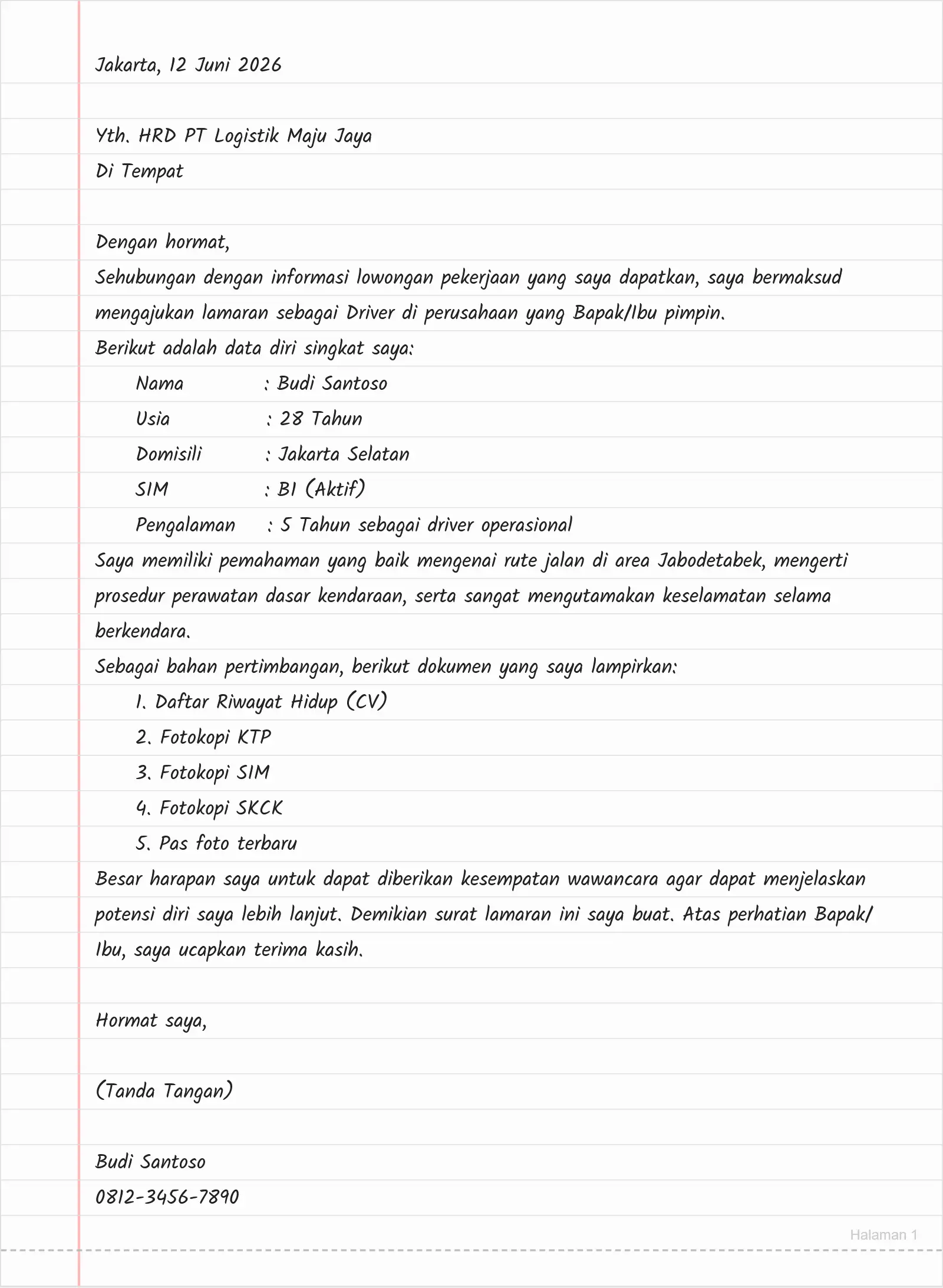  Contoh Surat Lamaran Kerja Driver Tulis Tangan (Berpengalaman)