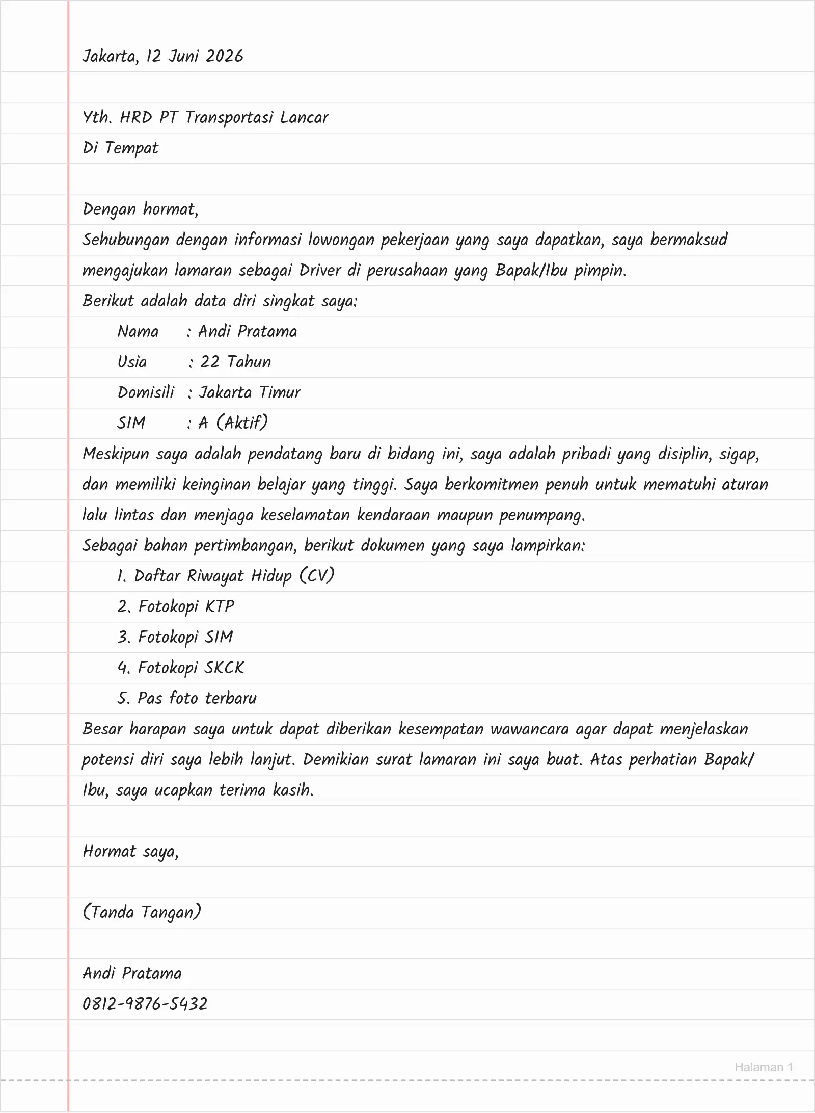 Contoh Surat Lamaran Kerja Driver Tulis Tangan (Tanpa Pengalaman)