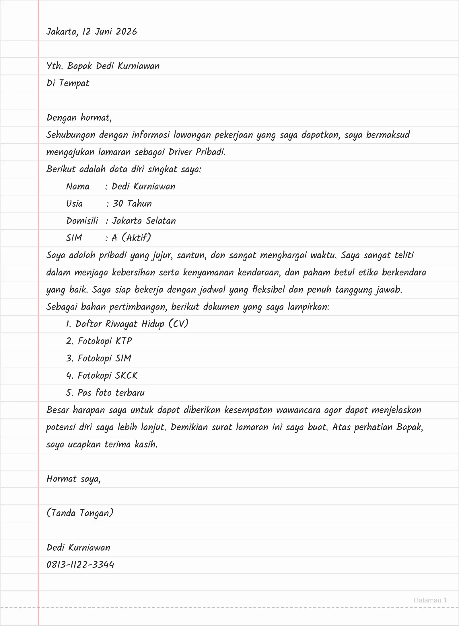 Contoh Surat Lamaran Kerja Driver Tulis Tangan (Sopir Pribadi)