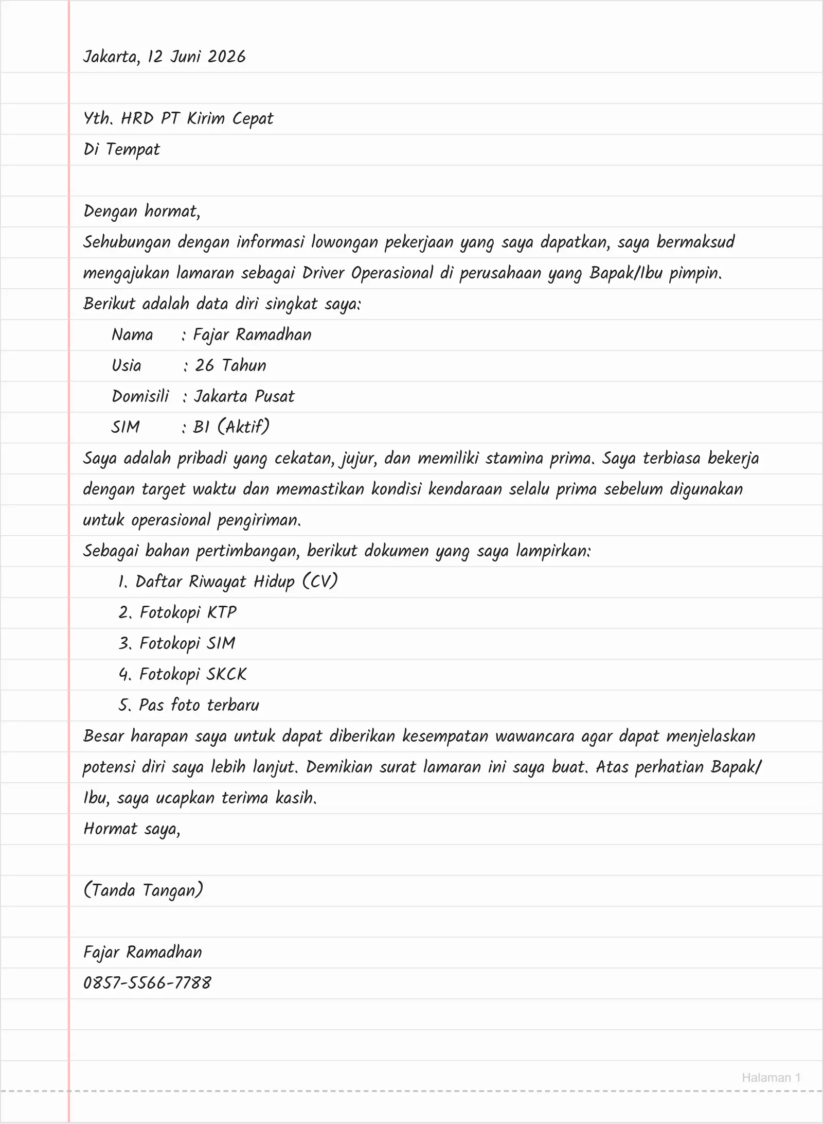 Contoh Surat Lamaran Kerja Driver Tulis Tangan (Logistik/Kurir)