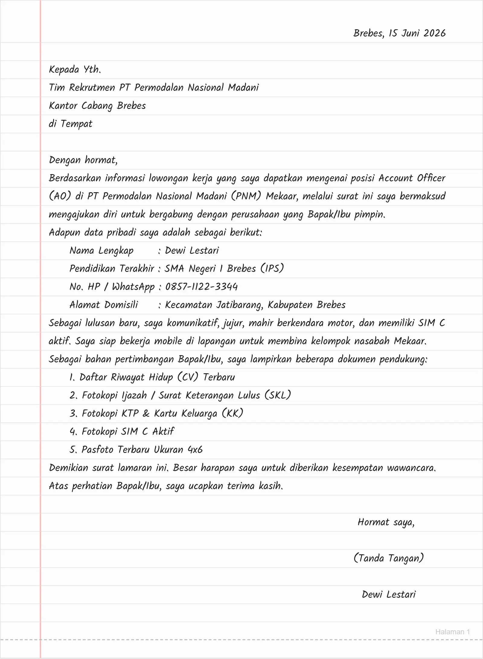 Contoh Surat Lamaran AO PNM Mekaar Versi Tulis Tangan (Lulusan SMA)