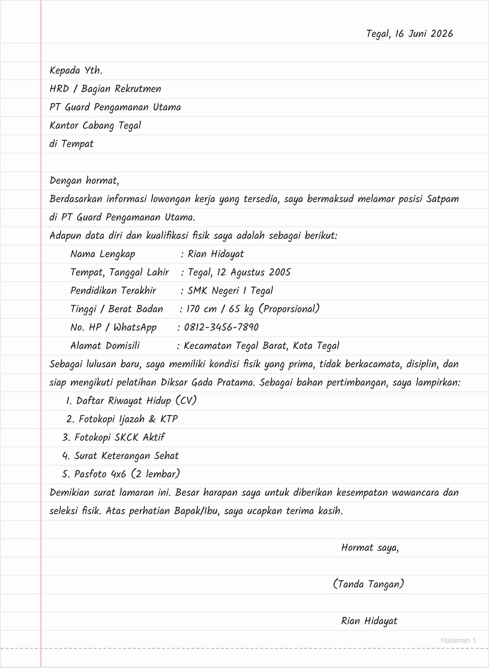 Contoh Surat Lamaran Kerja Satpam Tulis Tangan – Fresh Graduate (Lulusan Baru)