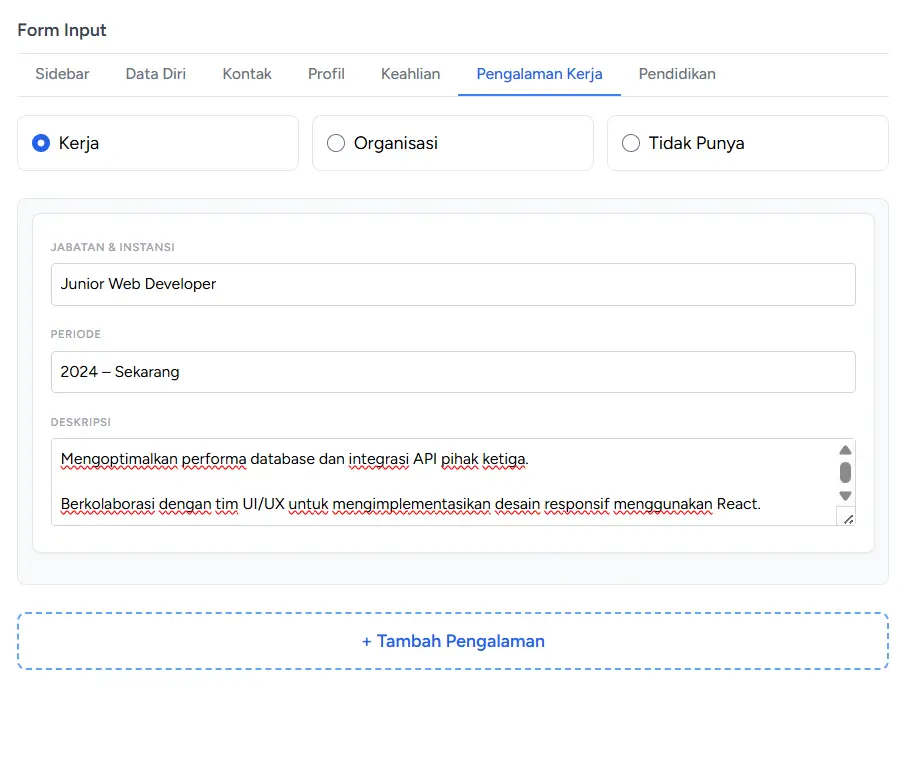 Pengalaman Kerja | Cara Membuat CV Online Gratis Berformat PDF