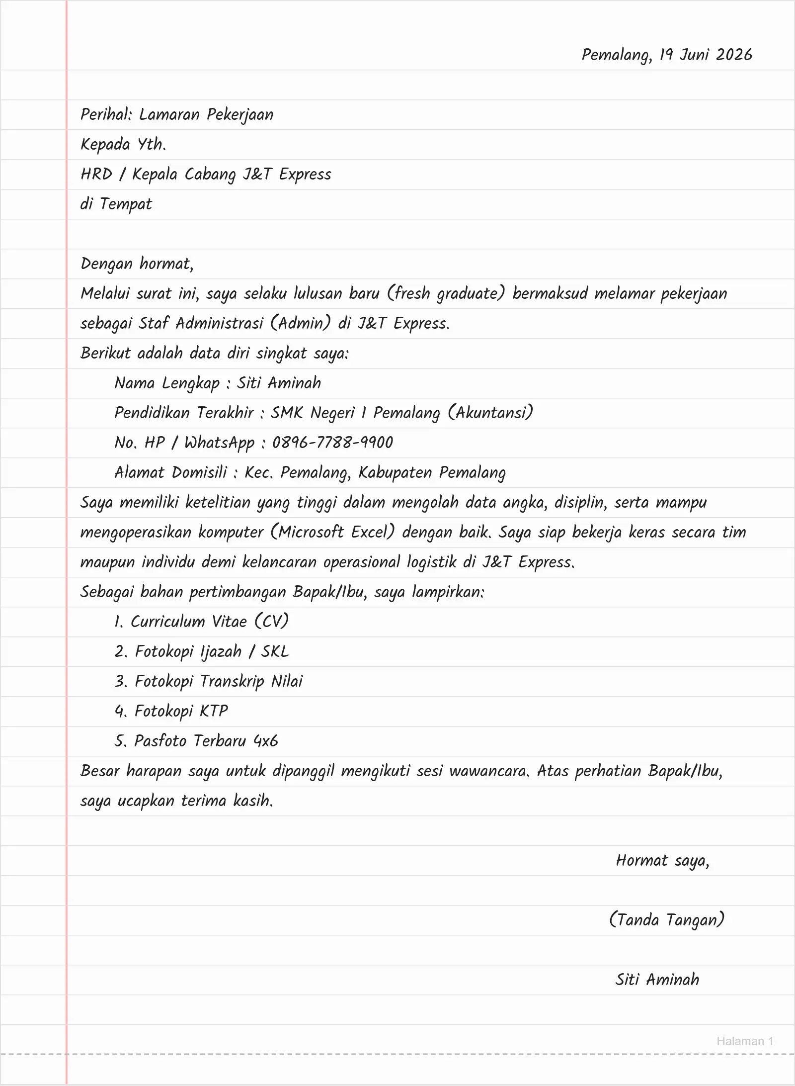 Surat Lamaran Kerja Admin J&T Express Tulis Tangan