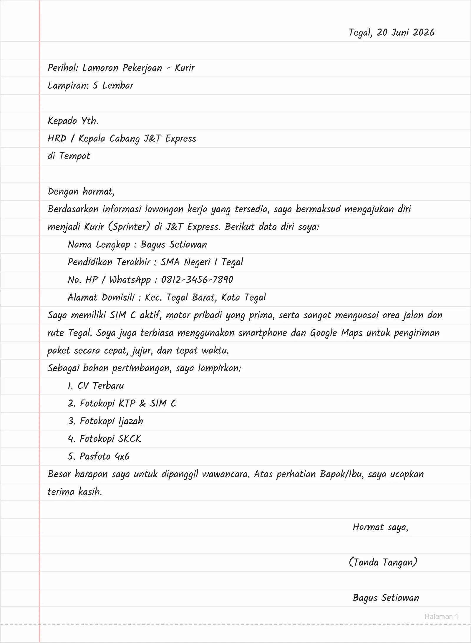 Surat Lamaran Kerja Kurir J&T Express Tulis Tangan