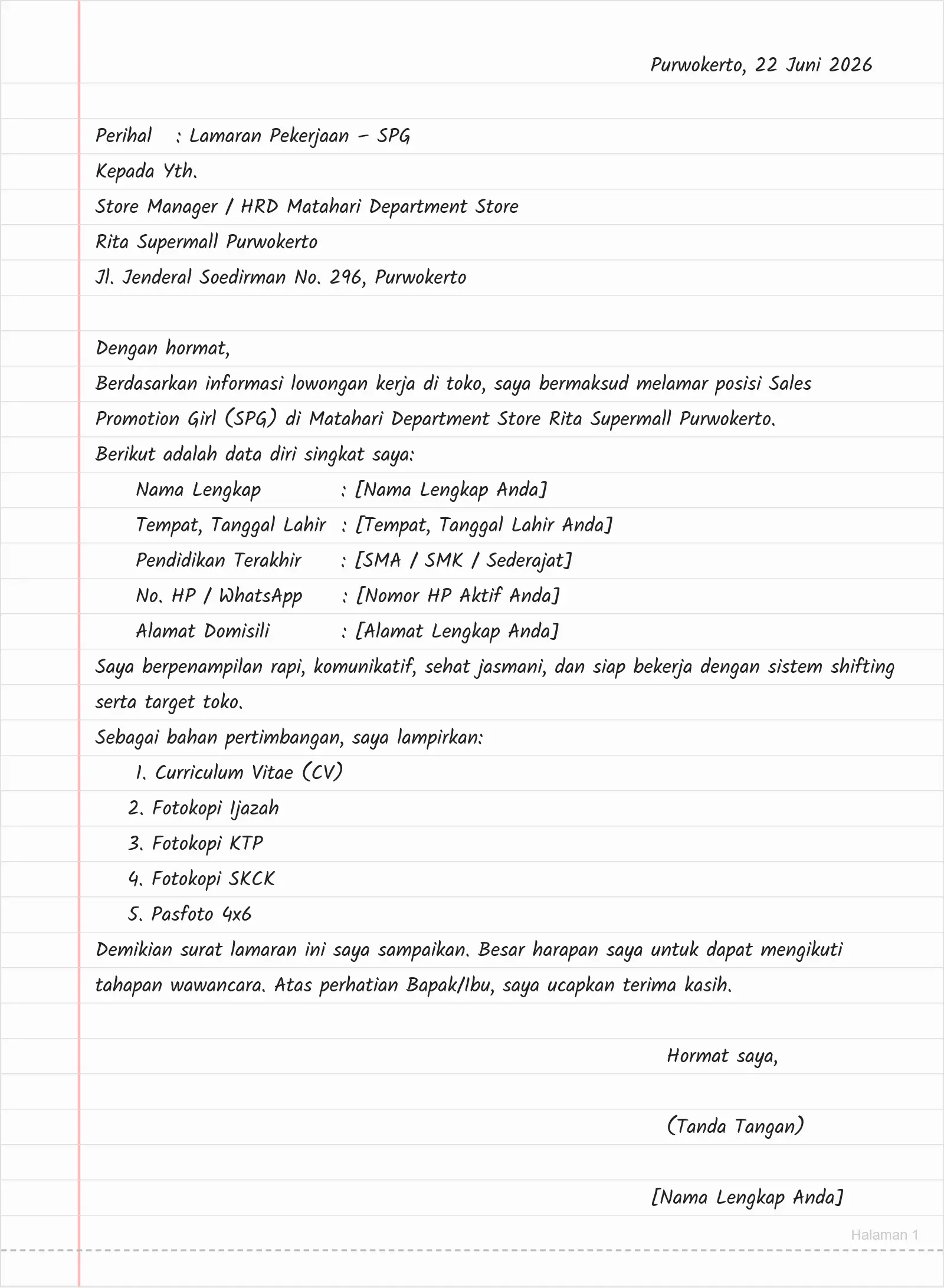 Surat Lamaran Kerja SPG Matahari Versi Tulis Tangan