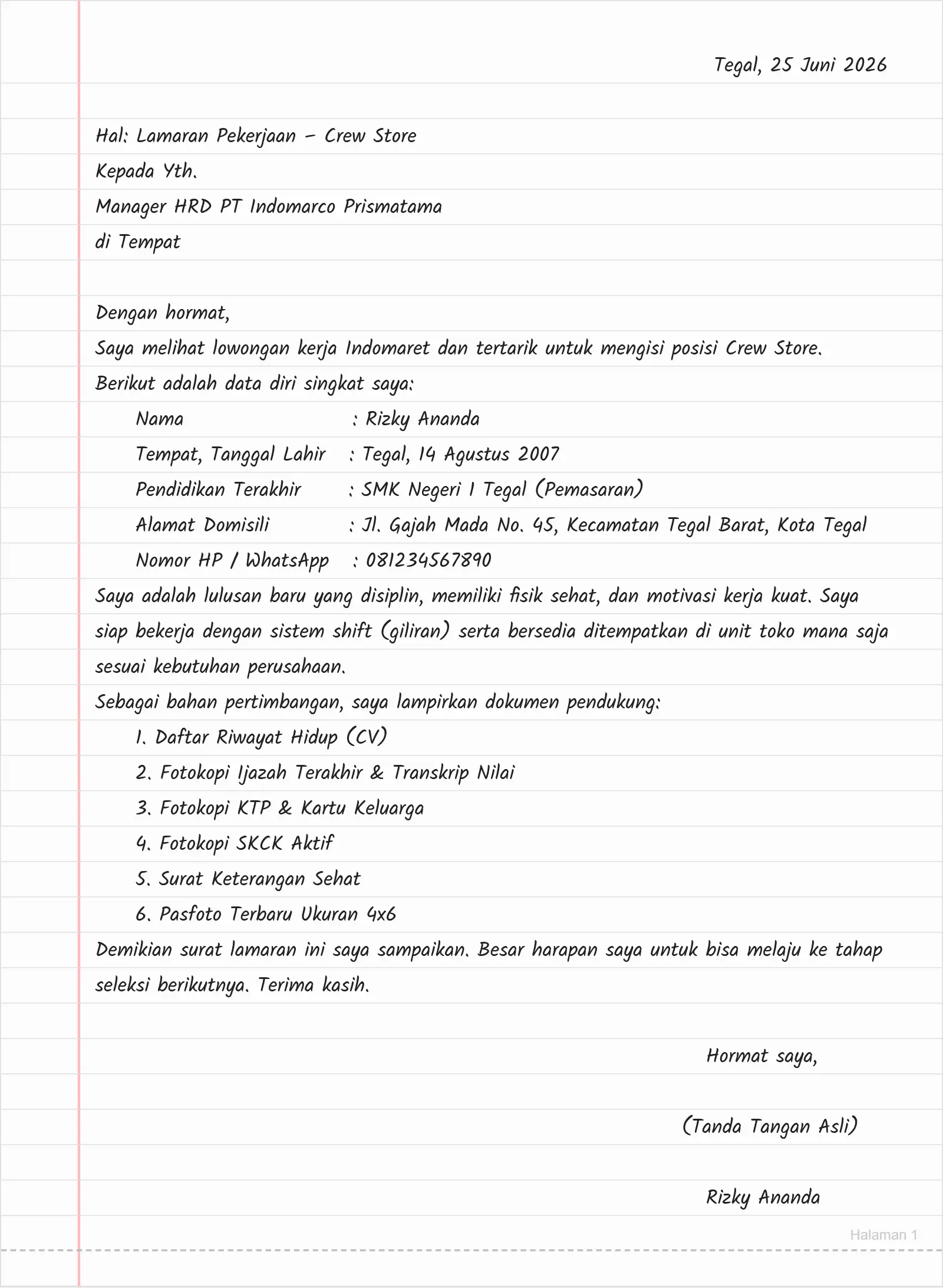 Surat Lamaran Kerja Indomaret Bagian Crew Store Lulusan Baru / Tanpa Pengalaman