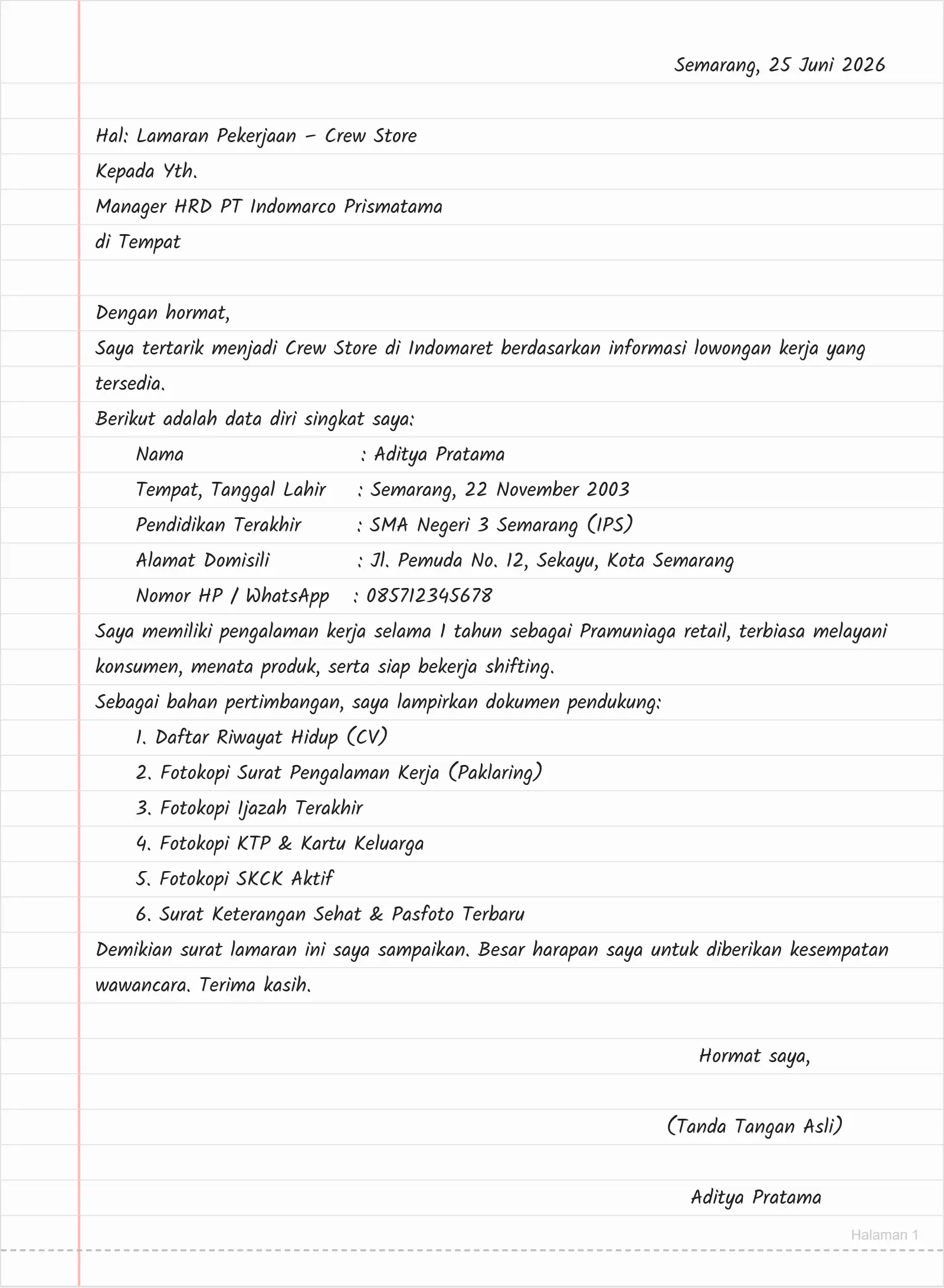 Surat Lamaran Kerja Indomaret Bagian Crew Store yang Memiliki Pengalaman Kerja