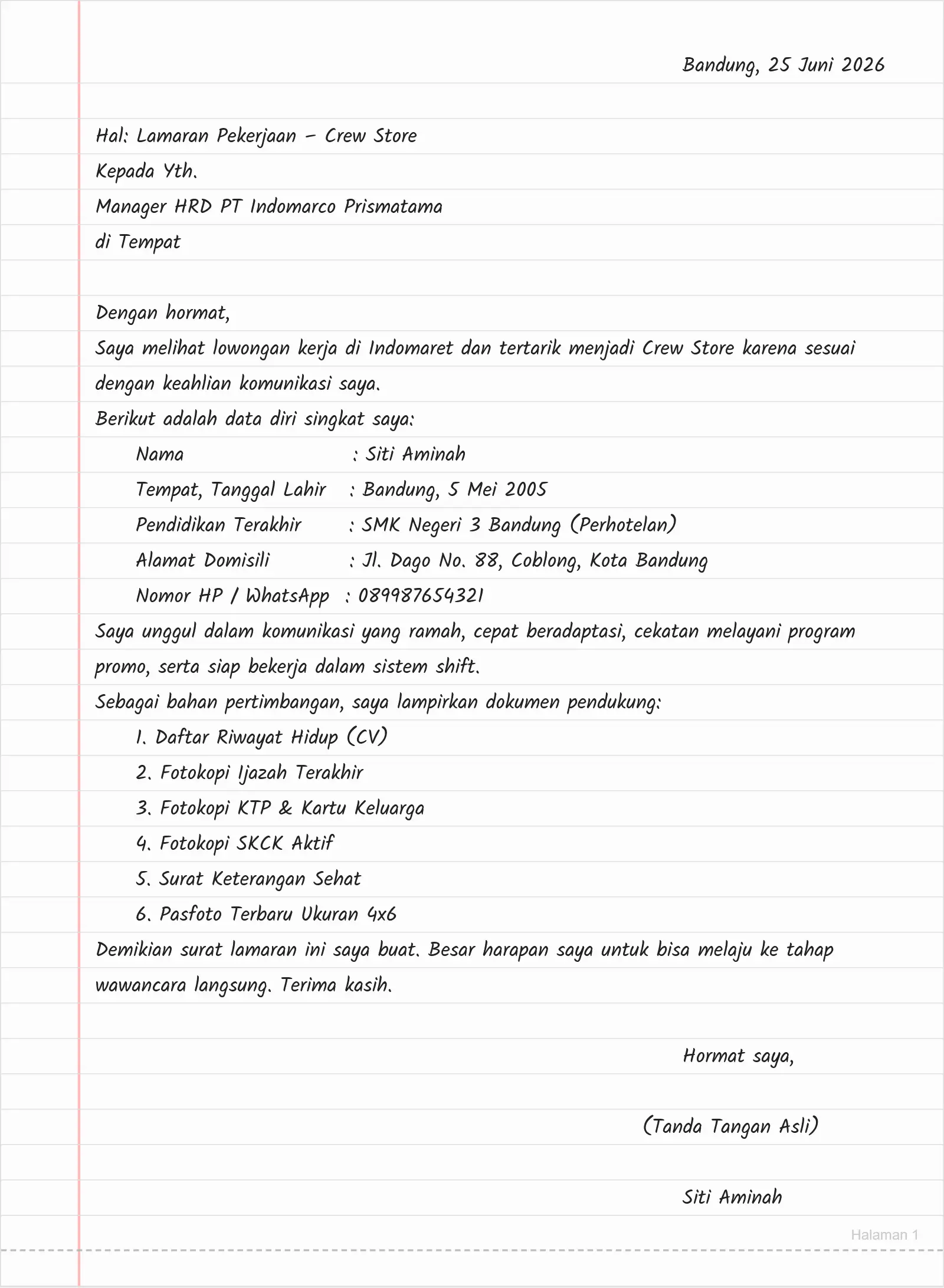 Surat Lamaran Kerja Indomaret Bagian Crew Store dengan Keahlian Komunikasi dan Pelayanan