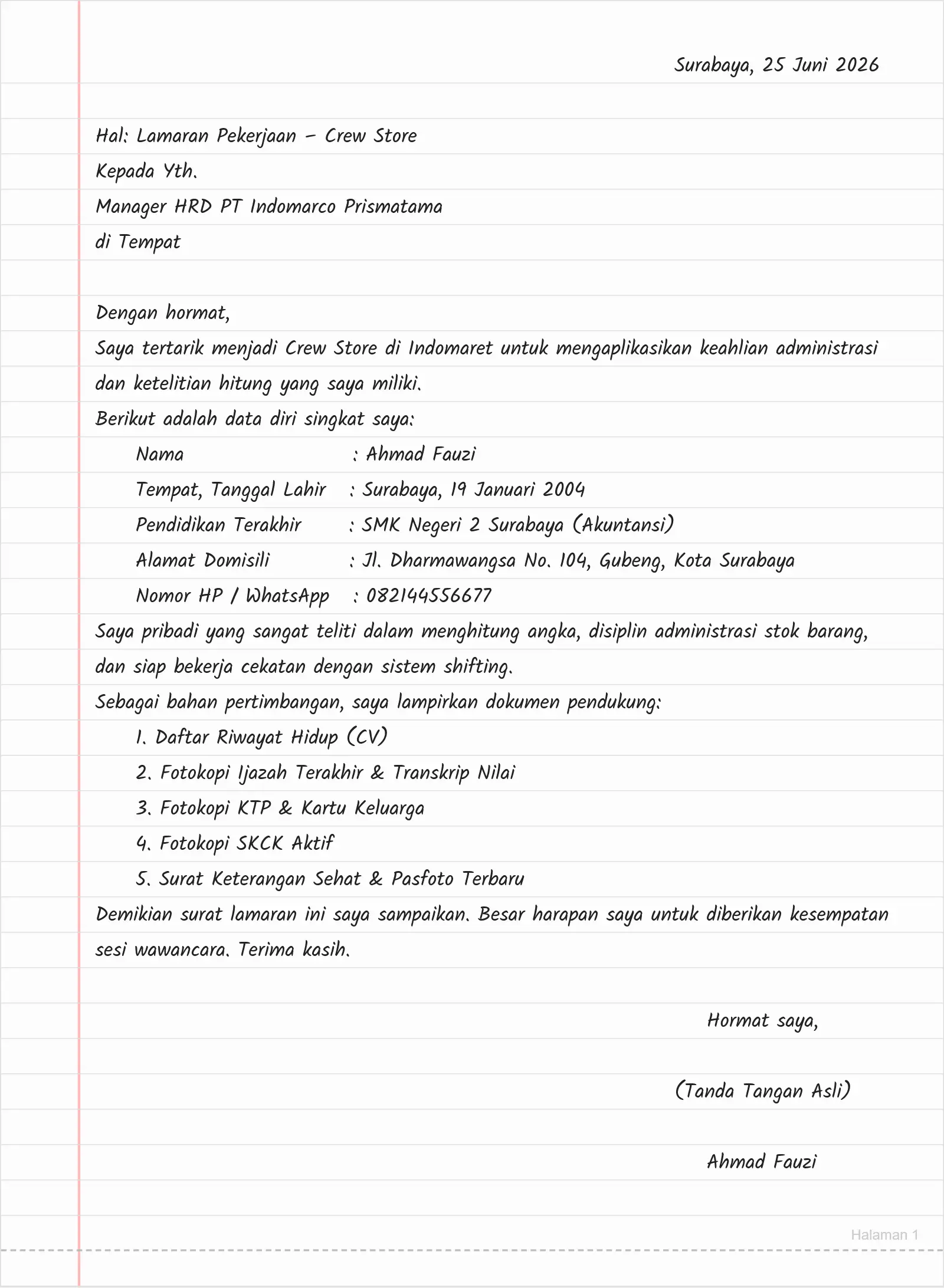 Surat Lamaran Kerja Indomaret Bagian Crew Store dengan Keahlian Administrasi dan Ketelitian Hitung