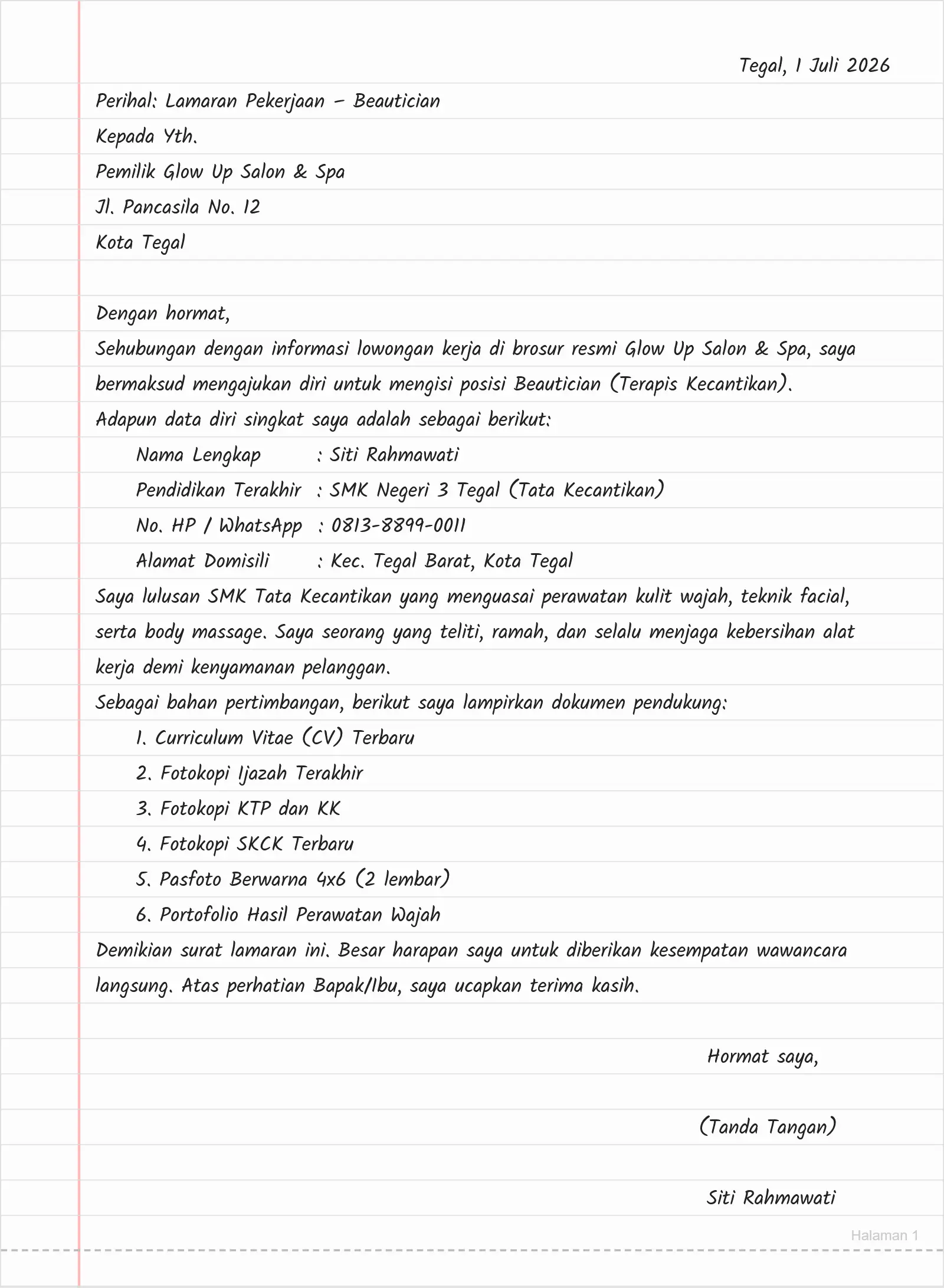 Contoh Surat Lamaran Posisi Beautician / Terapis Kecantikan