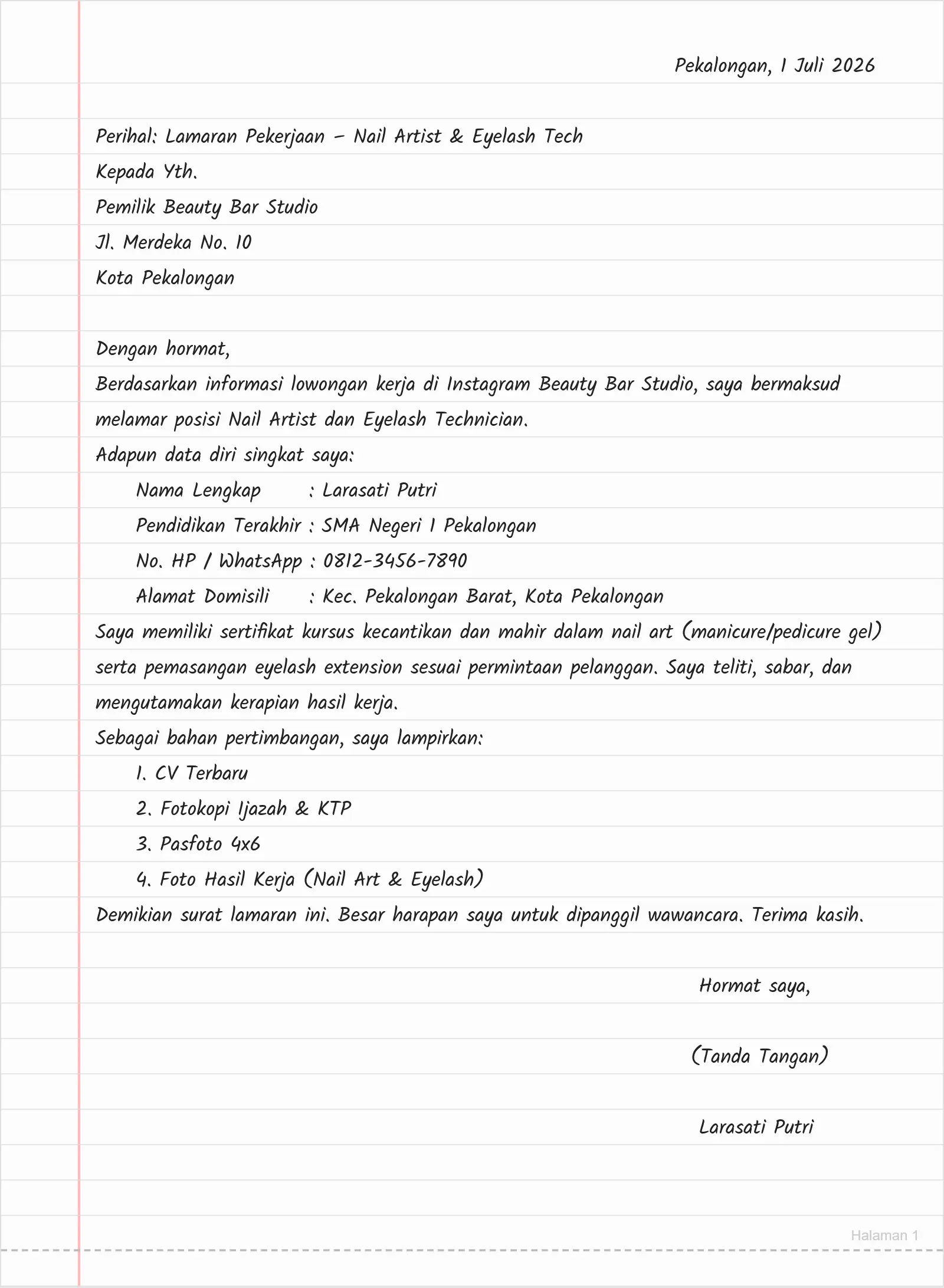 Contoh Surat Lamaran Posisi Nail Artist & Eyelash Technician
