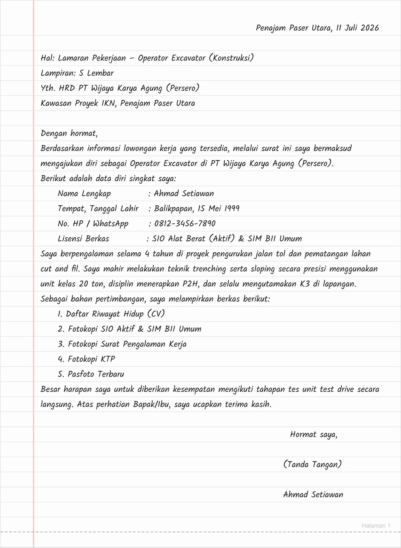 Surat Lamaran Kerja Operator Excavator (Spesialis Konstruksi)